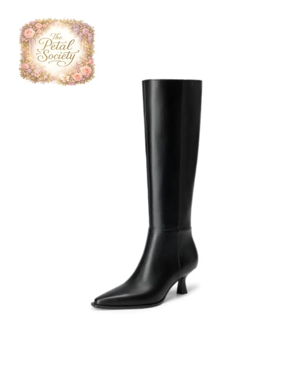 Women's Kitten Heel Knee High Boots Pointy Toe Zip Up Faux Leather